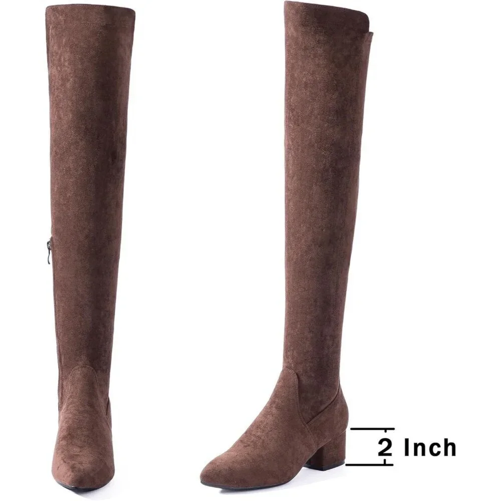 Women Coffee\2 Ihch Suede Over the Knee Thigh High Chunky Block Heel Boots